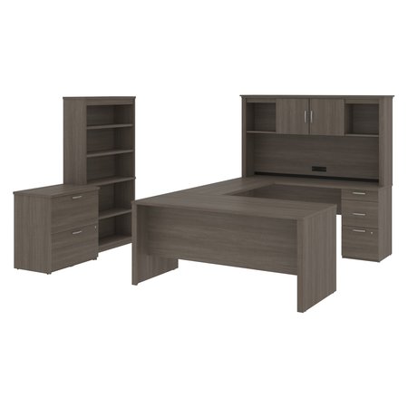 Bestar Bestar Logan 66W U-Shaped Desk with Hutch, Lateral File Cabinet, and Bookcase in bark grey 46851-47